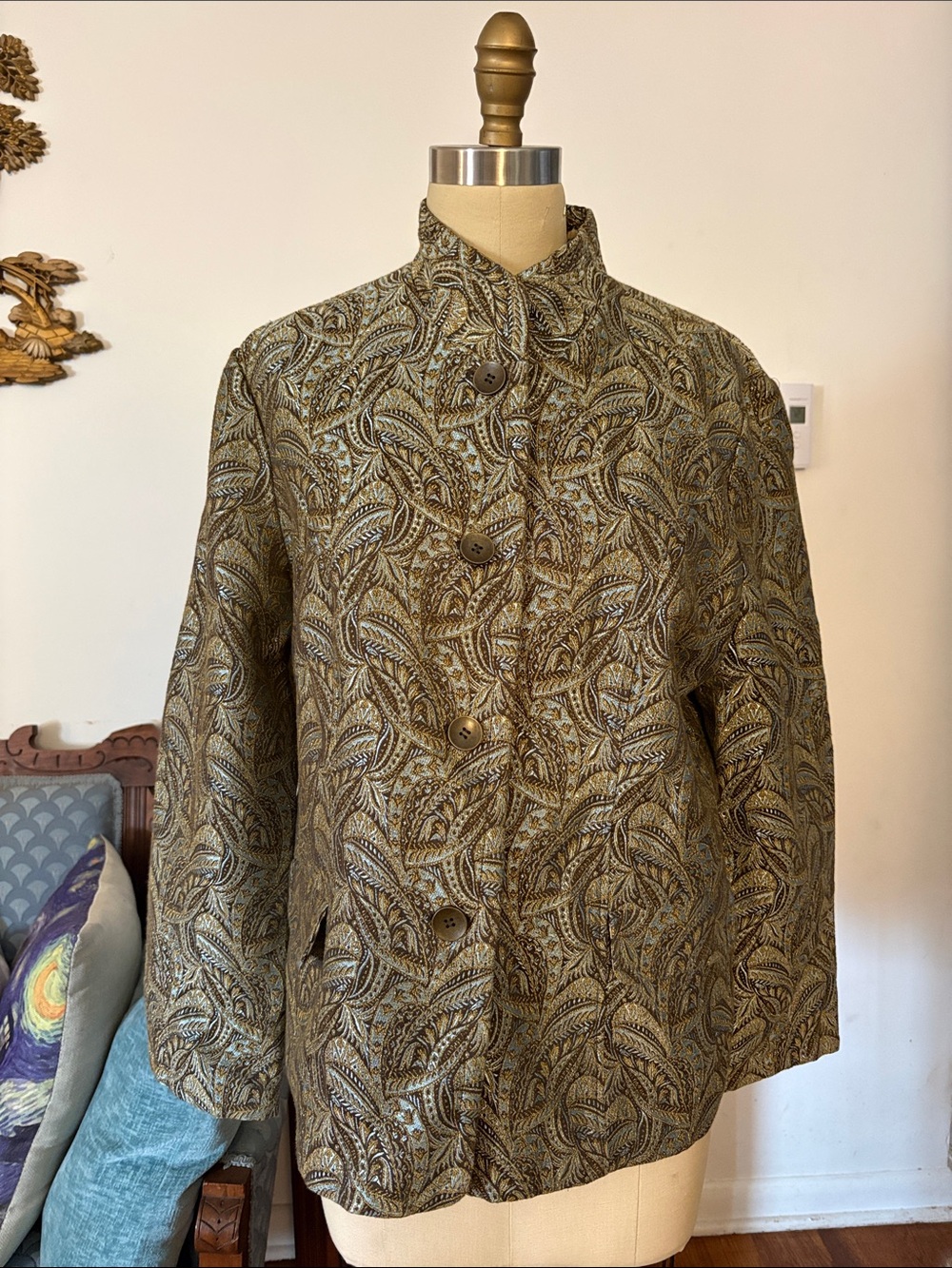 Chico's Olive Brown Paisley-Leaf Stand Collar Jacket size large (Chicos size 2 )